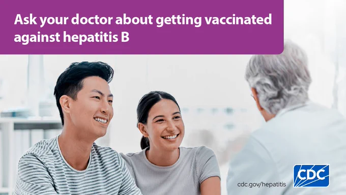 Man and woman sit across from a doctor while smiling. Text reads: "Ask your doctor about getting vaccinated against hepatitis B." 