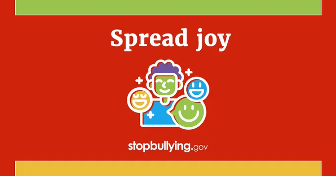 A graphic with an illustrated icon of a person smiling with smile emojis around it, captioned "Spread Joy"
