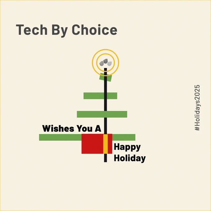 A minimalist holiday greeting card design from 'Tech by Choice'. The image features a stylized Christmas tree made of horizontal green bars intersected by a vertical black line. A red square sits at the center, with yellow accents. The tree is topped with a circular yellow and the Tech by Choice logo of three gray fist as an ornament. Text reads 'Wishes You a Happy Holiday'and includes a hashtag '#Holidays2024'. The background is cream colored.A minimalist holiday greeting card design from 'Tech by Choice'. The image features a stylized Christmas tree made of horizontal green bars intersected by a vertical black line. A red square sits at the center, with yellow accents. The tree is topped with a circular yellow and the Tech by Choice logo of three gray fist as an ornament. Text reads 'Wishes You a Happy Holiday'and includes a hashtag '#Holidays2024'. The background is cream colored.