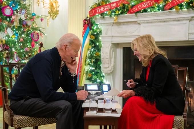 President Biden and First Lady participate in the North American Aerospace Defense Command (NORAD) Santa tracking calls with children and families across the country.