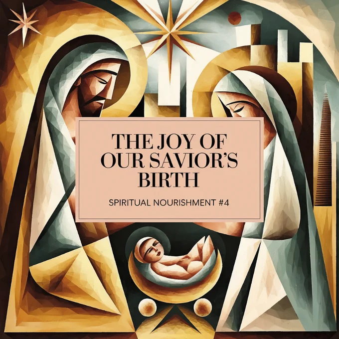An inspiring artistic depiction of the nativity scene, blending geometric abstraction and radiant light, symbolizing the divine joy of our Savior's birth. The centerpiece is baby Jesus, cradled in a golden manger, bathed in the glow of the guiding star above. Mary and Joseph, depicted in serene humility, bow in reverence, their forms highlighted by soft, earthy tones that evoke grace and holiness. The celestial backdrop, filled with abstract rays and sacred imagery, reflects the awe and wonder of this holy night. This piece encapsulates the message of Christ’s arrival, bringing light, hope, and salvation to the world. Presented by Jesus24365.org and Jesus24365 Ministry, this image invites believers to reflect on the miracle of Christmas and embrace the eternal message of God’s love. Through its modern artistry and timeless narrative, this creation celebrates faith, joy, and the transformative power of Christ’s birth in our lives.