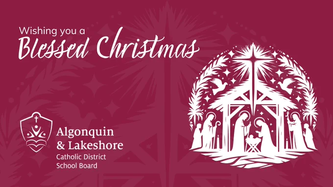 Wishing you a Blessed Christmas. Burgundy graphic with ALCDSB logo and nativity scene illustration.