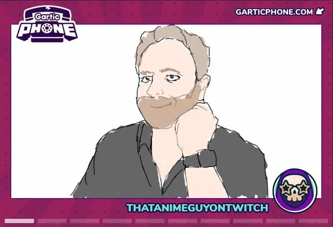 A Gartic Phone drawing of a bearded white man with light brown hair wearing a dark grey shirt and wearing a smart watch smiling toward the camera.