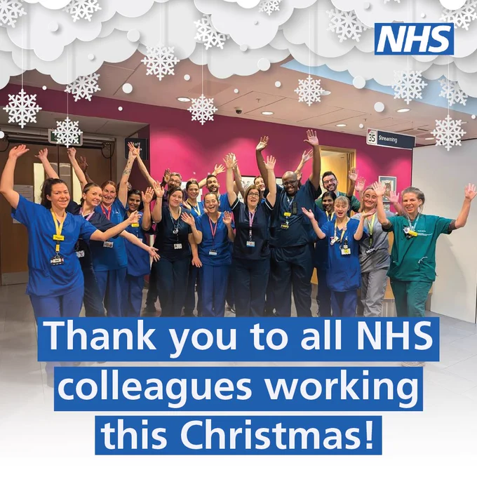 A group of staff cheering and smiling. There are snowflakes along the top of the image, and text that reads ‘Thank you to all NHS colleagues working this Christmas!’. 