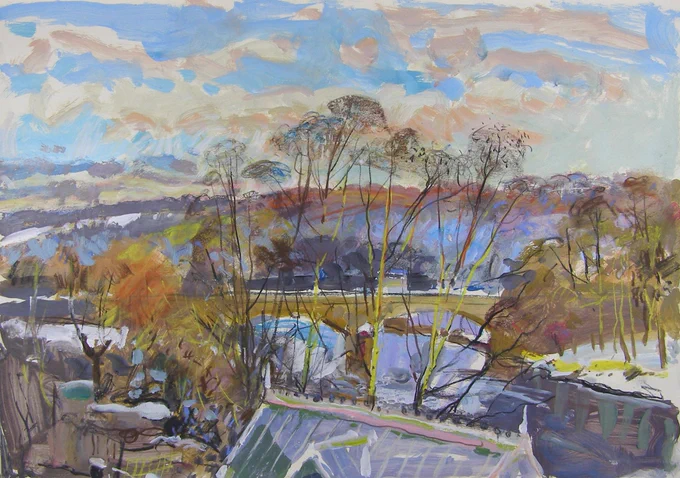 A winter scene rendered in pastel, charcoal and acrylic. The drawing looks across the greenhouse roof towards Crossford bridge and the Clyde, and includes white clouds turning pink and gathering in an evening sky. 