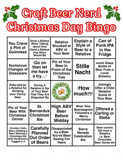 Craft beer nerd Christmas day bingo card
