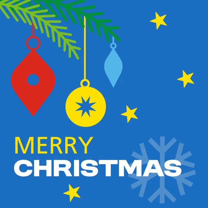 Blue background with a Christmas tree branch in the left top corner. Three baubles of red, yellow and blue hanging off the tree. Text reads Merry Christmas.
