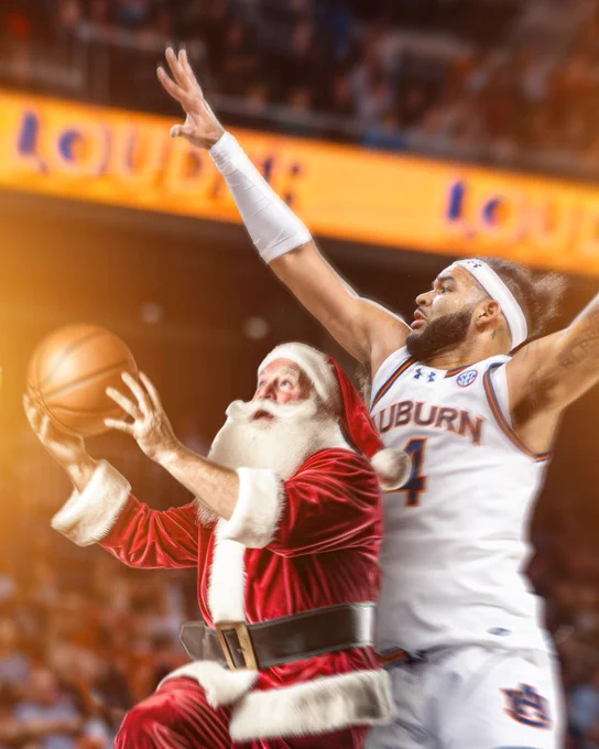A graphic of Johni Broome blocking Santa going up for a layup