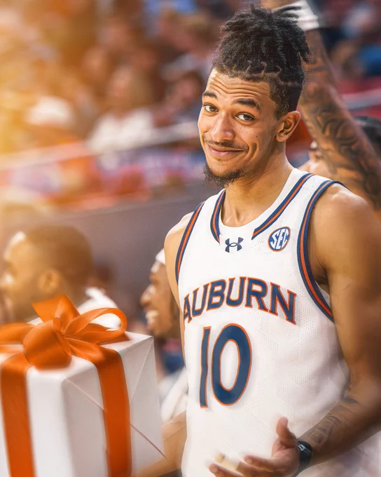 A graphic of Chad Baker holding a present