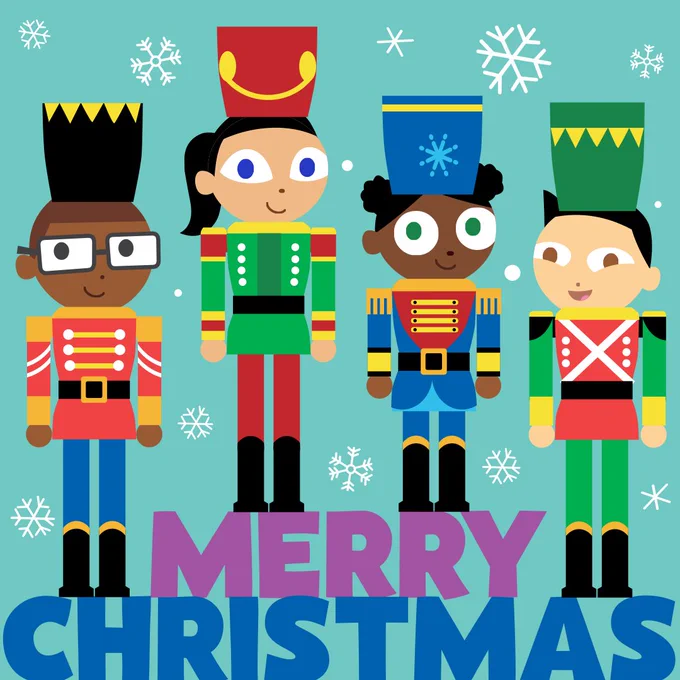 Illustration of four diverse nutcracker figures in colorful uniforms, with snowflakes in the background and the text "Merry Christmas" at the bottom.