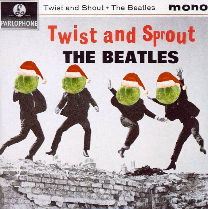 The vinyl cover of The Beatles' Twist and Sprout, photoshopped to read Twist and Sprout. The Beatles' heads have been replaced with sprouts wearing Christmas hats.