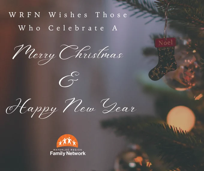 Holiday greeting social post from WRFN. It features a blurred, festive background with a Christmas stocking ornament on a tree and the text "WRFN Wishes Those Who Celebrate A Merry Christmas & Happy New Year." The WRFN logo is also displayed at the bottom of the image.