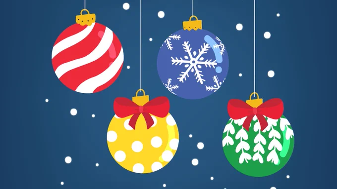 A festive illustration featuring four hanging ornaments in a snowy setting. The ornaments include a red and white candy-cane stripe design, a blue ornament with white snowflake patterns, a yellow ornament with white polka dots and a red bow, and a green ornament with white leaf patterns and a red bow. They are set against a dark blue background with scattered white snowflakes.