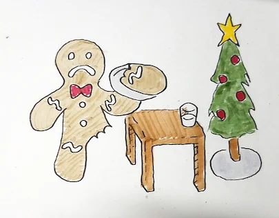 A frowning gingerbread man carries his own severed leg on a plate. Next to him are a Christmas tree and a table with a glass of milk.