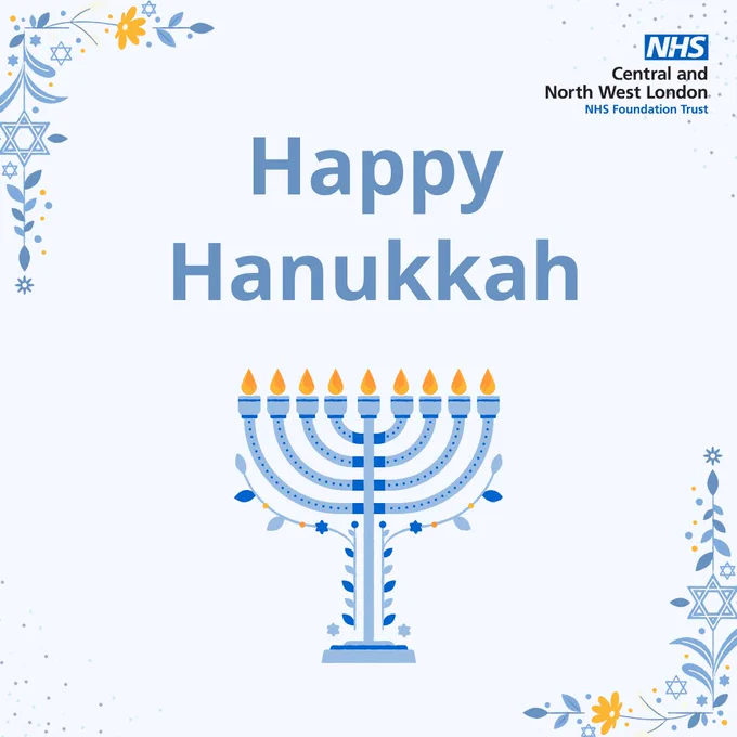 Blue graphic with text which reads "Happy Hanukkah" in dark blue. A Jewish candle in blue and yellow underneath the text. Designs in the right bottom corner and top left corner. CNWL logo in the top right corner.