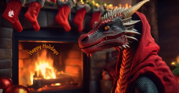 An AI-generated image of a dragon wearing a hoodie in front of a fireplace with stockings hung on the mantle. The old Trimarc logo is in the eye of the dragon, and the new Trimarc logo is on one of the stockings. Text in a half circle above the flames in the fireplace says "Happy Holidays"