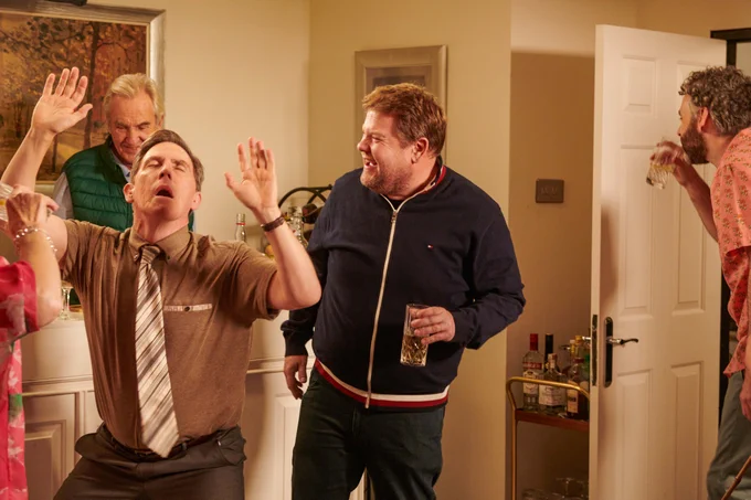 Mick, Bryn, Smithy and Jason in a lively gathering in the Shipman's lounge - with Bryn dancing dramatically in the centre.
