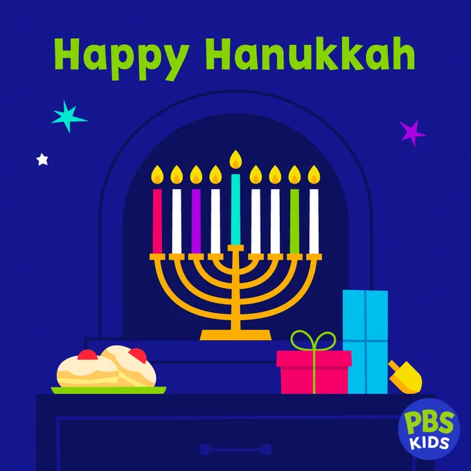 Illustration of a Hanukkah celebration with a lit menorah, gifts, and traditional foods, featuring the PBS Kids logo.