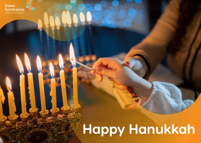 a child's hand, supported by her mother's hand, lights the Hanukkah menorah; text reads, Happy Hanukkah