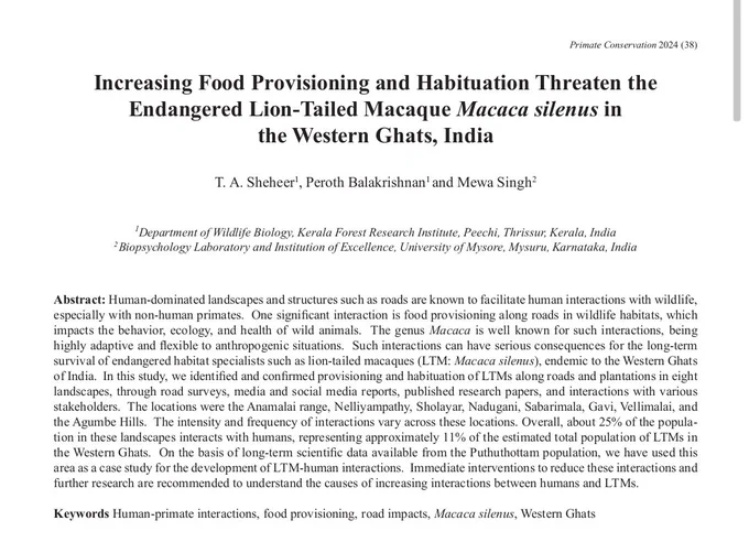 Our recent paper and media reports on increasing food provisioning and habituation of lion-tailed macaque in the Western Ghats.