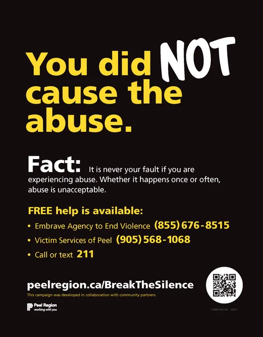 Image description
Alt-text: Flyer for Peel Region's Break the Silence Campaign raising awareness about family and intimate partner violence.