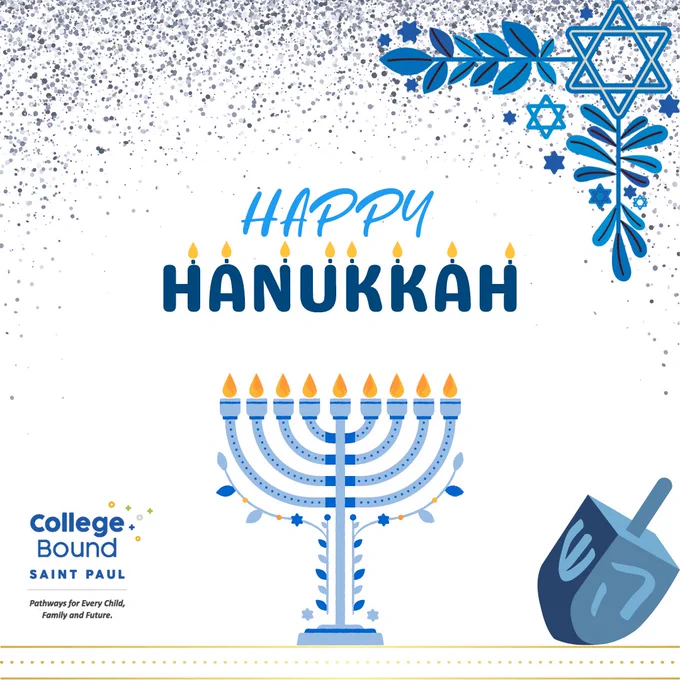Image shows: lit candles, leaves, star symbol, black dot confetti, CollegeBound logo. Text reads: Happy Hanukkah
