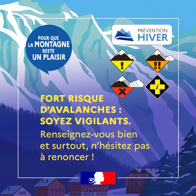 Pour que la montagne reste un plaisir. 
Fort risque d'avalanches : soyez vigilants. Renseignez-vous bien et surtout, n'hésitez pas à renoncer ! 