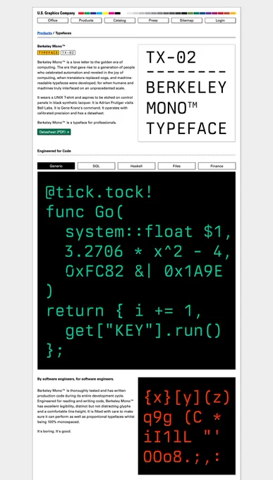 A screenshot of the product page of U.S. Graphics Company - TX-02 Berkeley Mono™ Typeface