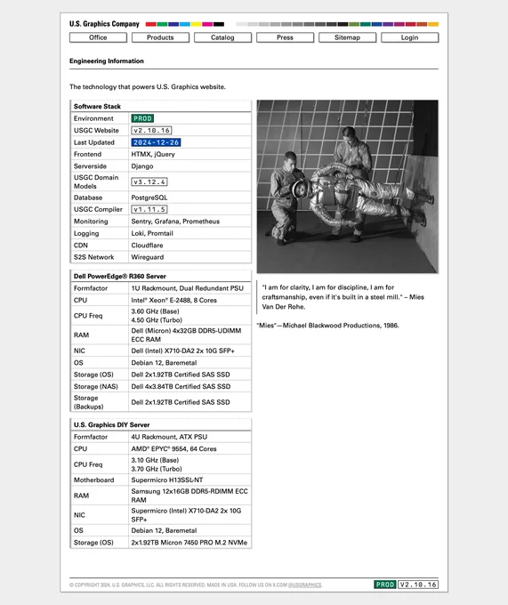 A screenshot of the engineering info page on the U.S. Graphics Company's new website