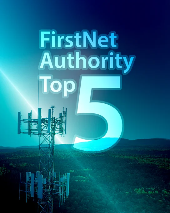 A broadband tower over a leafy green forest, mountains on the horizon, "FirstNet Authority Top 5"