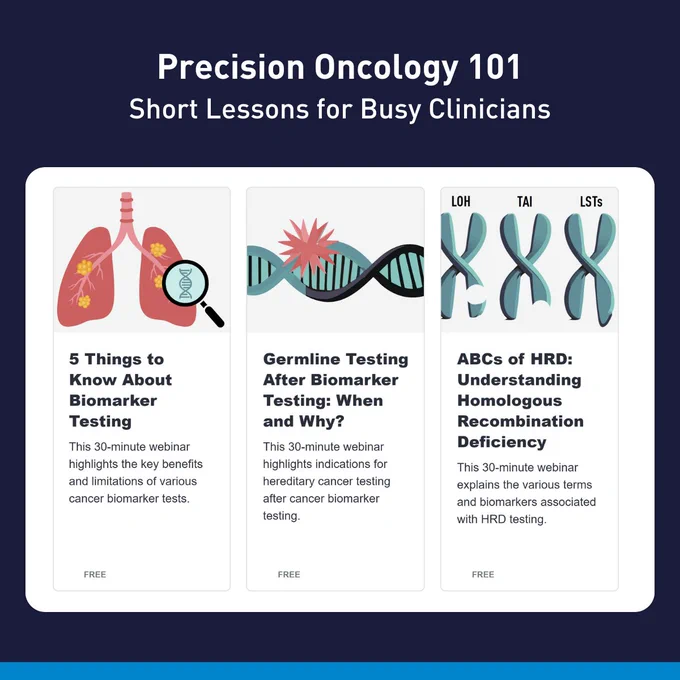 Graphic with white Precision Oncology 101: Short lessons for busy clinicians webinar tiles on a dark blue background.