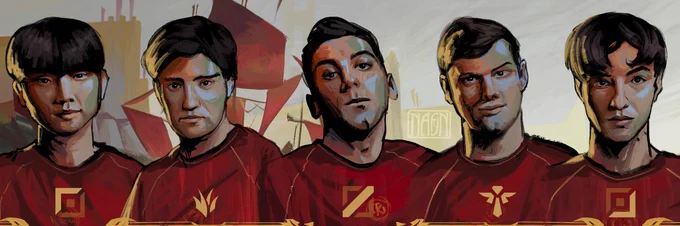 Bannière avec tous les portrait de la série : tous les joueurs en maillot rouge avec en fond une peinture noxienne