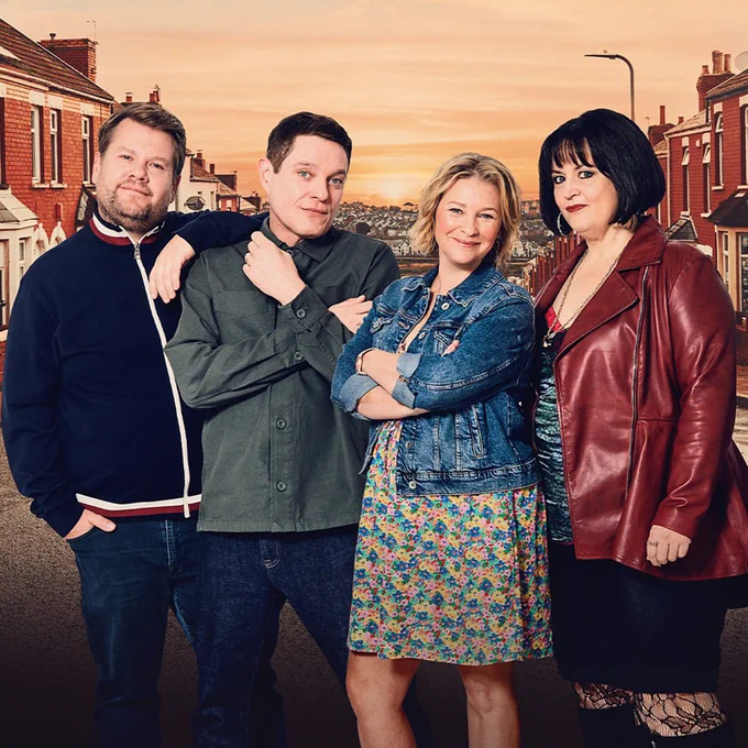 Smithy, Gavin, Stacey and Nessa stand together at. the top of a road in Barry
