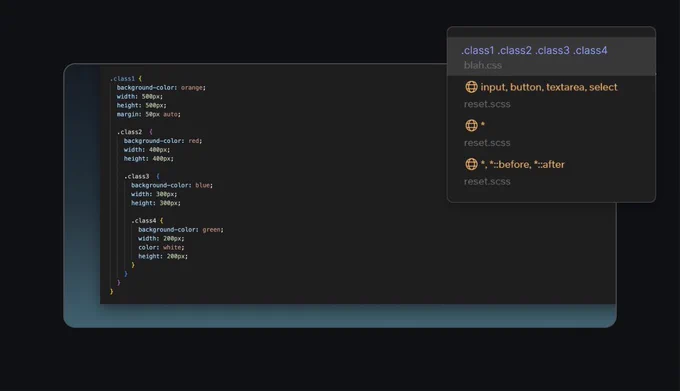 A screenshot showing nested CSS code, and the style panel selector picker in Codux