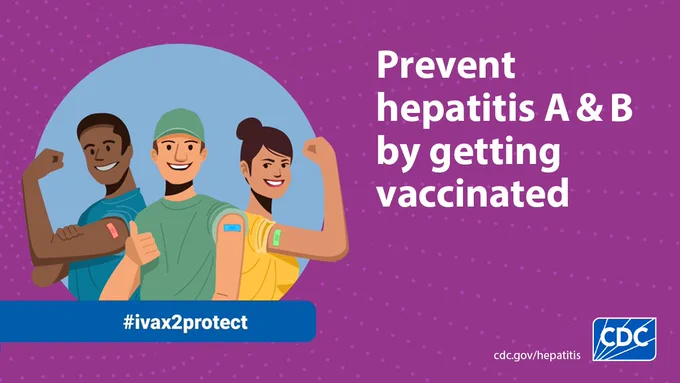 Illustration of three individuals, each wearing a band-aid on their upper arm. Text reads: "Prevent hepatitis A & B by getting vaccinated"