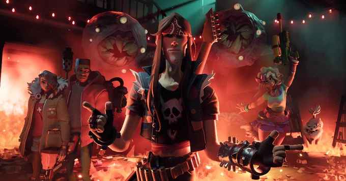 a cool rocker looking guy with friends, fire, and oh my GOD WHAT ARE THOSE ABOMINATIONS BEHIND THEM TURNAROUND YOU FOOLS