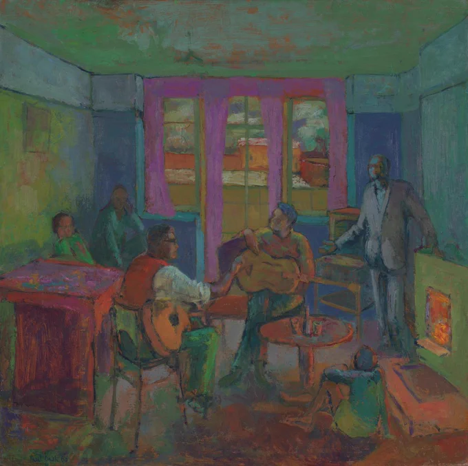 A square-format oil painting on hardboard that depicts the interior of a home in vibrant shades of blue, purple and green. The room is populated by six figures: the artist, his father, three brothers and a family friend. At the centre of the painting, the artist’s father, seated with a guitar in his lap, is seen ‘arguing his point about a musical matter – chord progression’ with his friend Bob Reid, who is seated opposite him, also holding a guitar, while the four brothers seem enraptured by the discussion. Behind them a French door and two windows frame the wintry setting in the garden. The artist has painted the scene so that the viewer is positioned inside the space that appears to be lit just by the warm glow of the fire and fading natural light.
