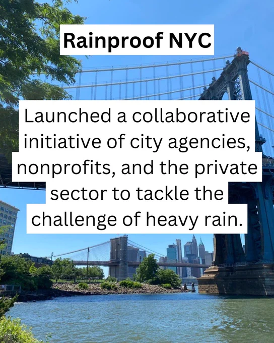 Rainproof NYC   
Launched a collaborative initiative of city agencies, nonprofits, and the private sector to tackle the challenge of heavy rain.