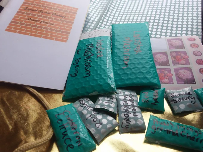 An Array of small envelopes, a poetry chapbook, postage stamps, wrapping paper 