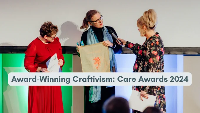 Katy, Vanessa and Sally Lindsay with Katy's duster of a heart at the Merkel Third Sector Care Awards for Creative Arts