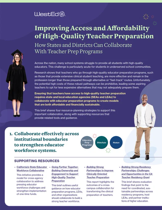 An infographic by WestEd titled 'Improving Access and Affordability of High-Quality Teacher Preparation Programs' discusses how states and districts can collaborate with teacher prep programs to improve educational quality. Each section details suggested actions and goals, with bullet points and icons for visual emphasis.