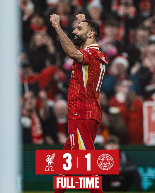 Full-time graphic for Liverpool vs Leicester City.

The final score is Liverpool 3-1 Leicester City.
