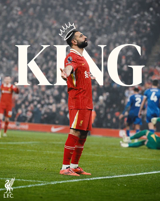 Photography of Mo Salah celebrating his goal against Leicester City, with the word KING behind him and a crown sketched on his head.