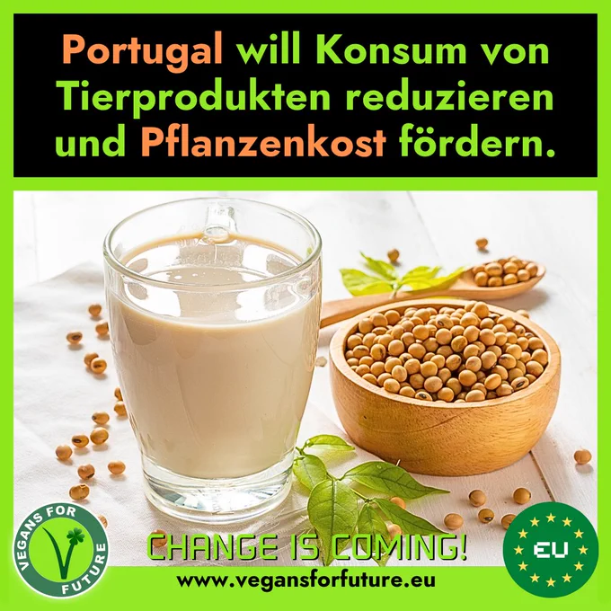 Text:
"Portugal will den Konsum von Tierprodukten reduzieren und Pflanzenkost fördern."

Auf dem Bild sieht man ein Glas mit Sojamilch sowie eine Holzschüssel mit Sojabohnen.