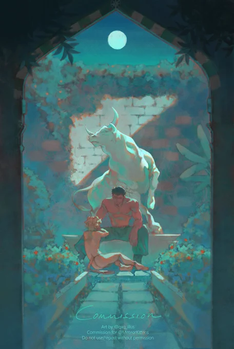 Lumi sits before Khimi in a courtyard, looking up at him in admiration as the light from the silvery moons highlights the area. They are surrounded by glorious foliage with a marble statue carved in the likeness of a bull behind them. At the center of the image, along the top in the foreground is the symbol of the Cerulean Star, which is designed in the likeness of the Star of Ishtar.