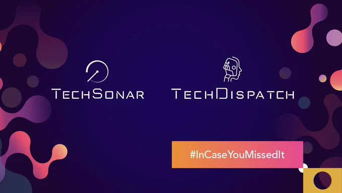 Illustration on purple background with the logos of two EDPS projects: Techsonar and Techdispatch