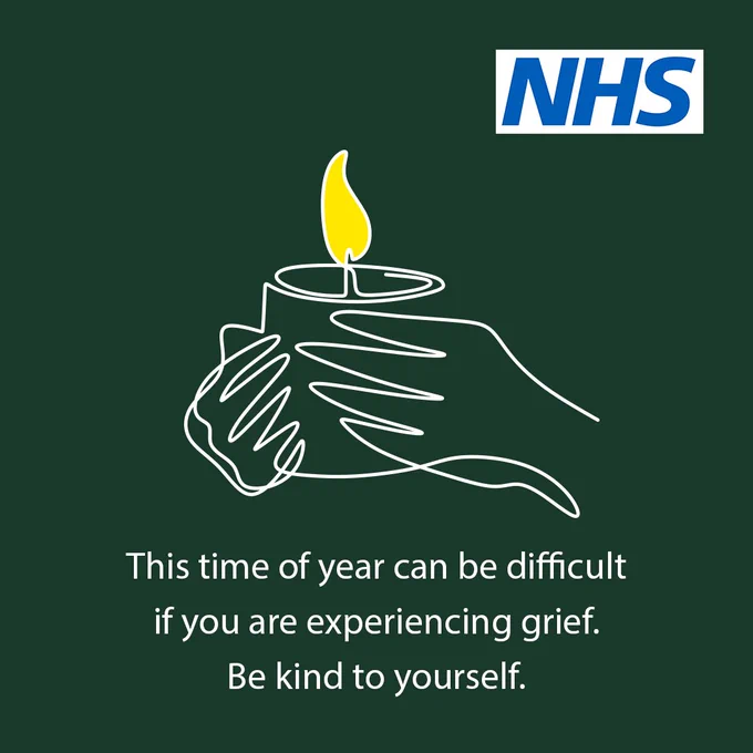 An illustration of two hands holding a candle with the text 'This time of year can be difficult if you are experiencing grief. Be kind to yourself'. 
