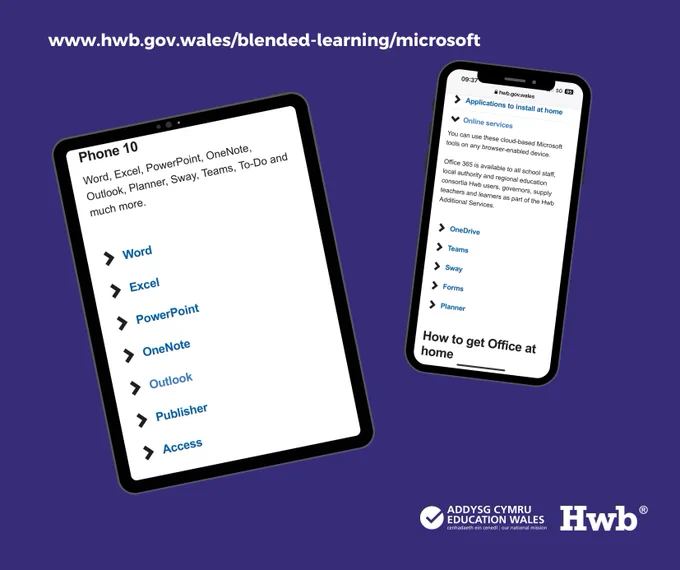 A graphic showing an iPad screen and a smartphone screen. Both show a page on Hwb. 