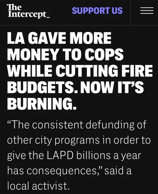 LA GAVE MORE MONEY TO COPS WHILE CUTTING FIRE BUDGETS. NOW IT’S BURNING.
“The consistent defunding of other city programs in order to give the LAPD billions a year has consequences,” said a local activist.