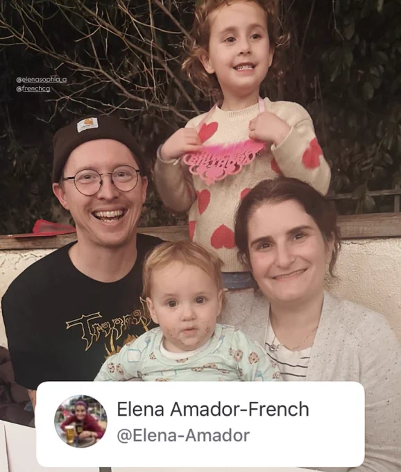 A photo of Elena Amador-French and her family, with her venmo: @Elena-Amador.